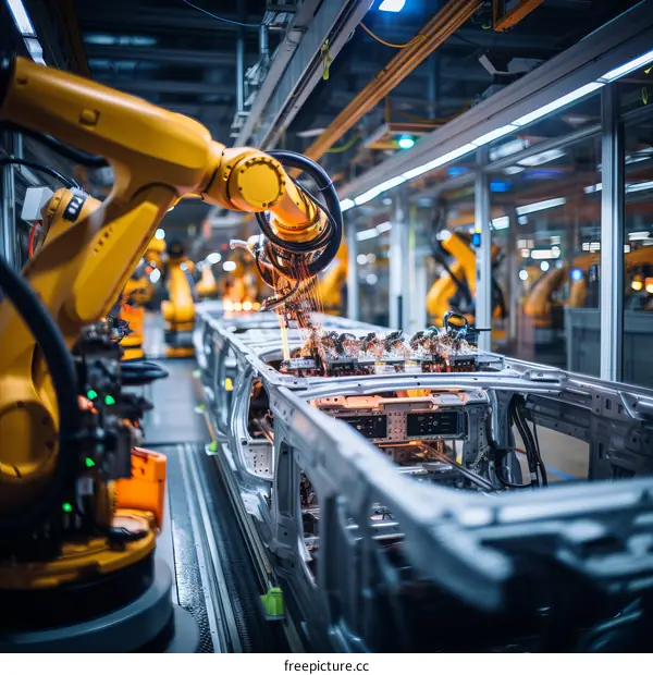 Industrial Robots Welding Car Parts on an Automotive Production Line