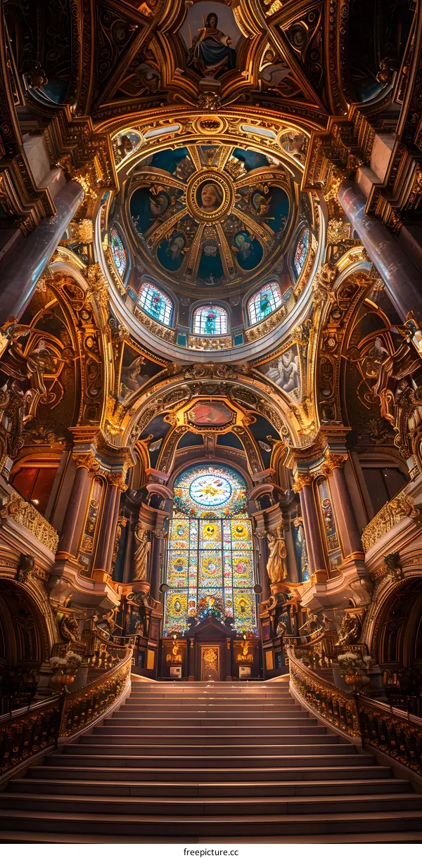 Interior of a Beautiful Church with Ornate Gold Decorations and Stained Glass Windows