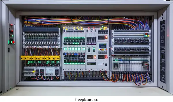 Industrial electrical control panel with fuses, switches, indicator lights and circuit breakers