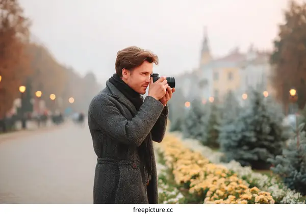 Man taking photo in autumn city park