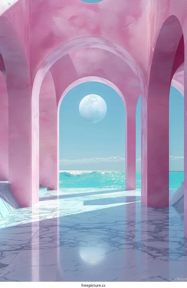 Pink Arched Hallway Leading to a Tranquil Ocean Paradise