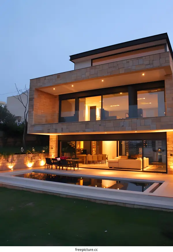 Modern Stone Villa with Swimming Pool and Patio at Dusk