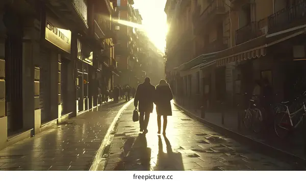 Couple Walking Down Narrow European Street at Sunset