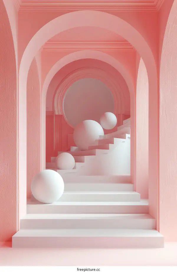 Pastel pink abstract background with white spheres on podiums