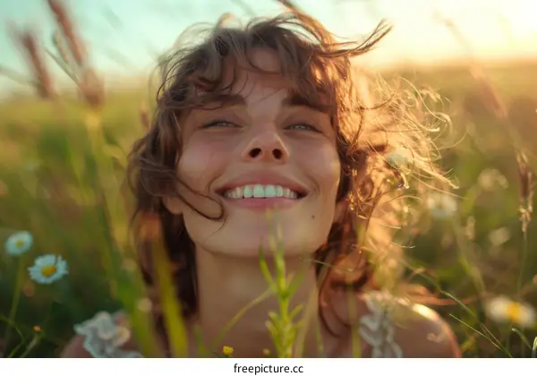 Woman Smiling in a Field of Flowers