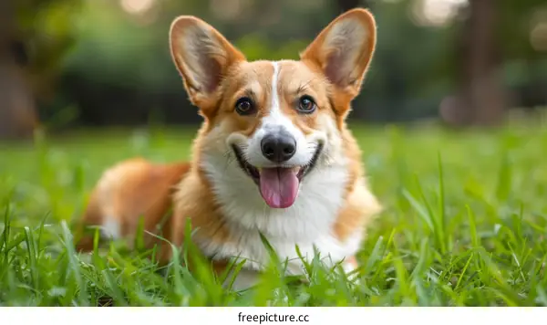 A cute corgi dog lying on the grass and looking at the camera