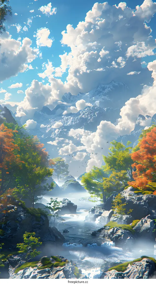 Misty mountain stream in a valley with colorful trees and rocks in the foreground