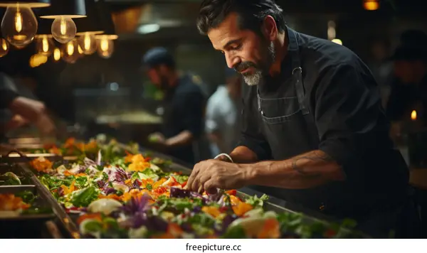 Chef carefully preparing a delicious salad