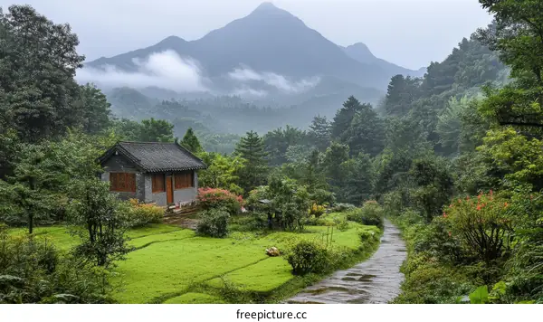 Misty Mountain Scenery with a Traditional Asian House