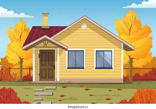 Autumn House Illustration With Yellow Trees