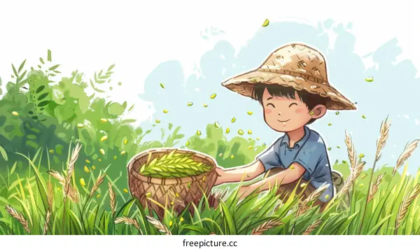 Asian boy harvesting rice in a lush green field