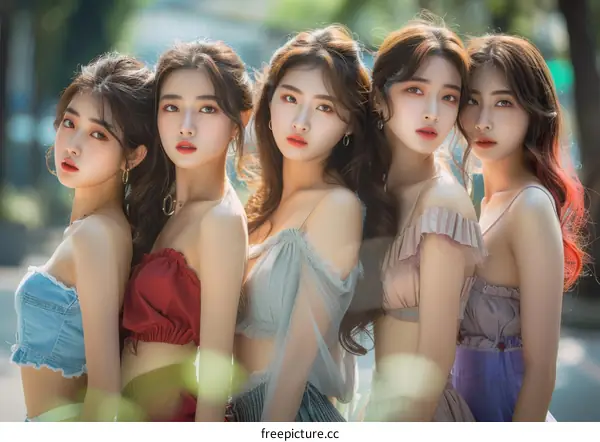 A group of five beautiful Asian women in summer clothes pose for a photo