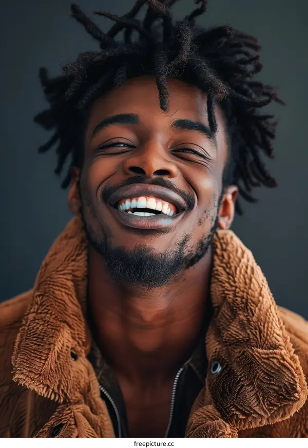 Joyful African Man Wearing Brown Jacket