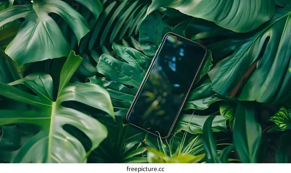 Black Smartphone on Lush Green Leaves