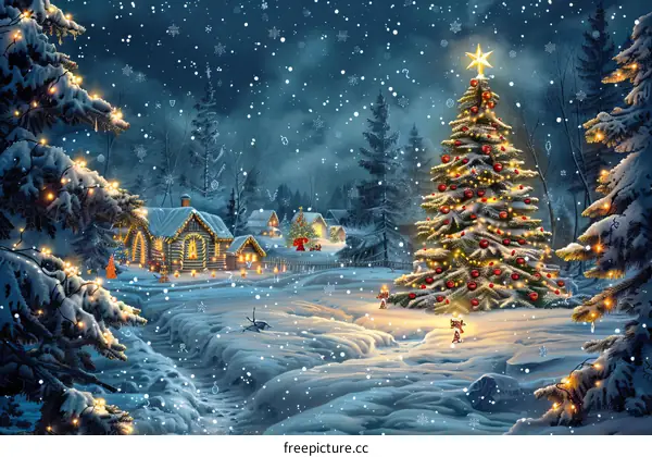 Christmas Village in Snowy Forest