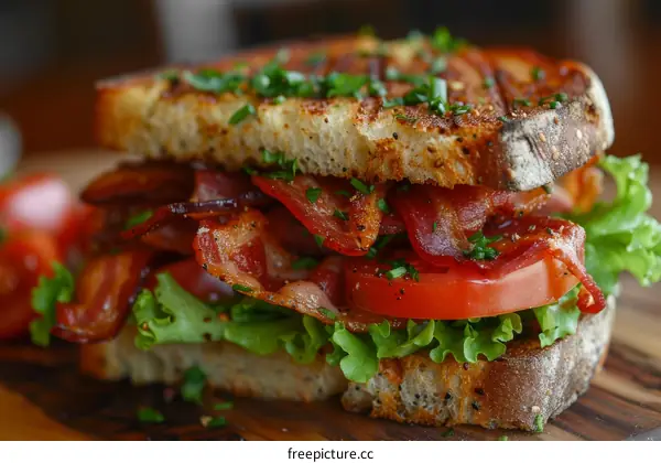 A delicious sandwich with bacon, tomato, and lettuce
