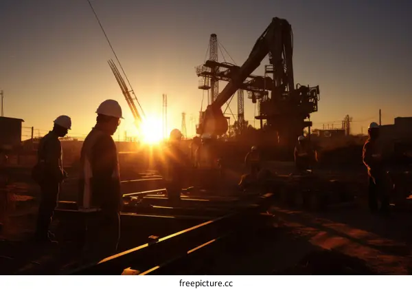 Construction workers working on a project at sunset