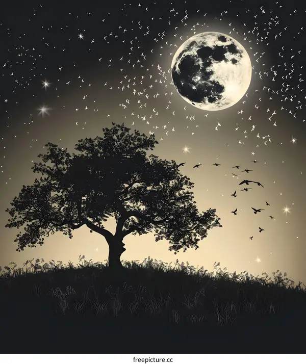 Silhouette Tree Under The Night Sky With Full Moon