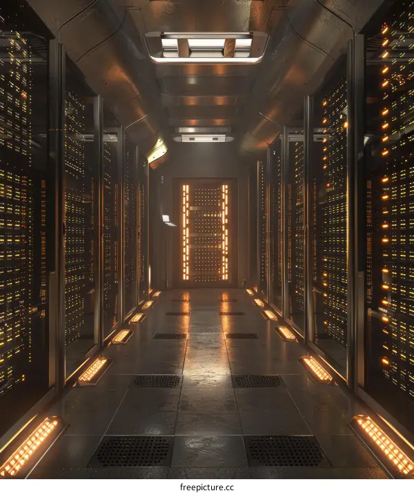 Futuristic spaceship interior with illuminated server racks and glowing lights