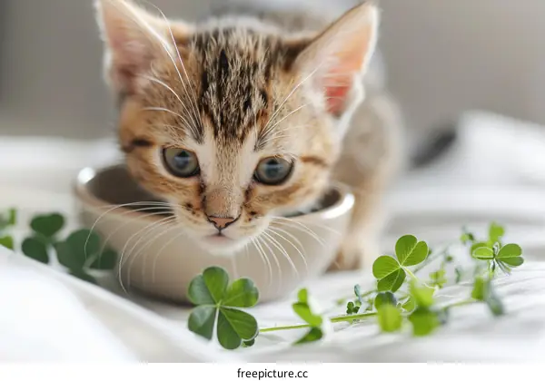 Cute tabby kitten with four-leaf clovers