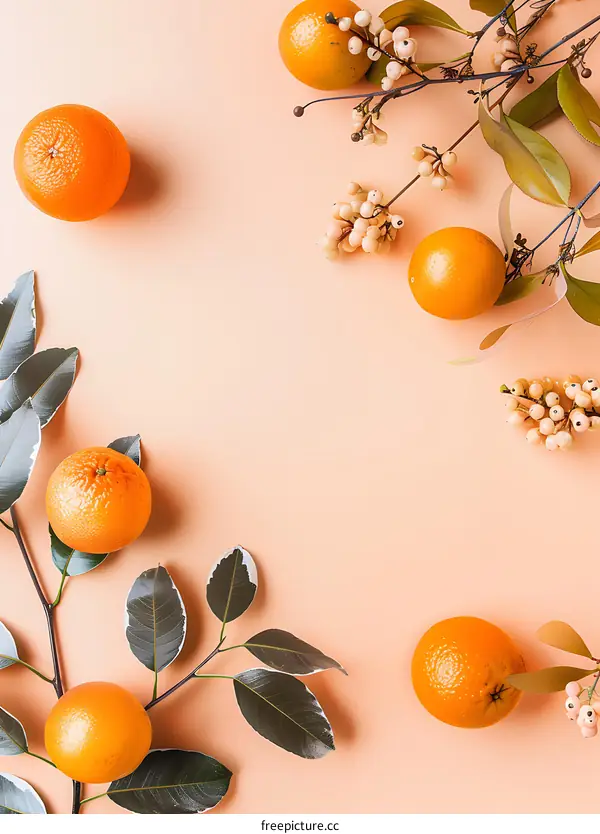 Orange Fruit and Leaves Flat Lay on Peach Background