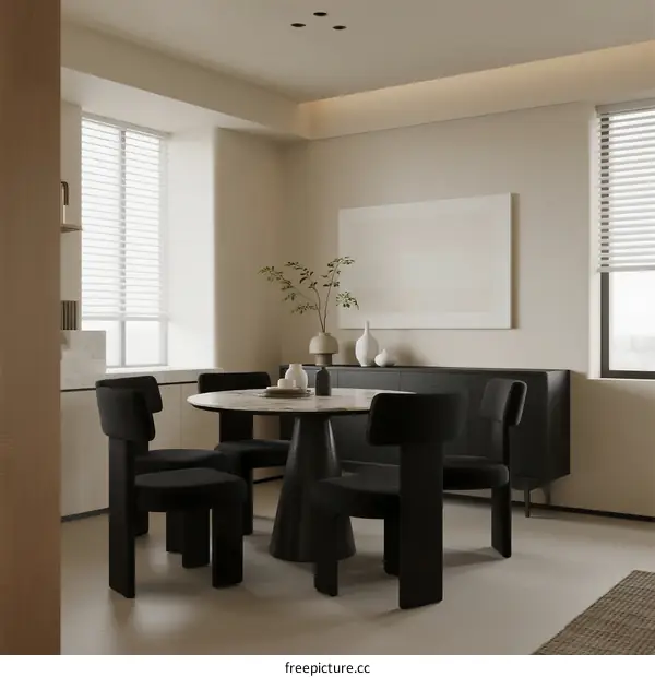 Minimalist Dining Room with Black Furniture and Natural Light