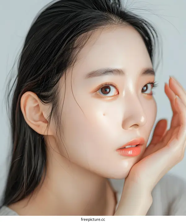 Beautiful Asian Woman with Long Black Hair Looking Away