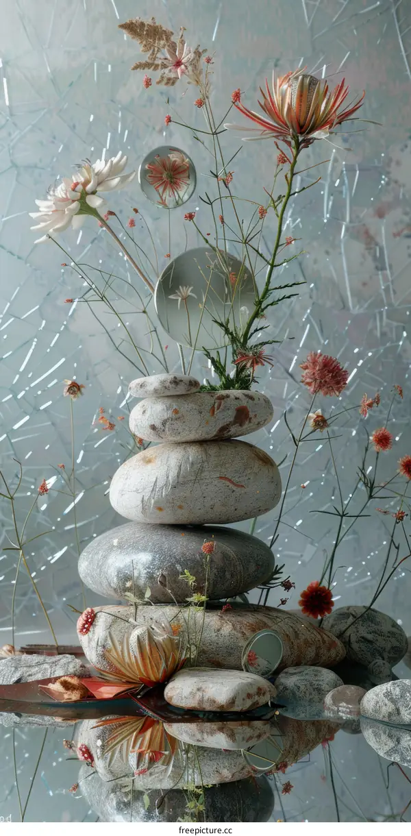 Zen Still Life: Stones, Glass Balls & Flowers