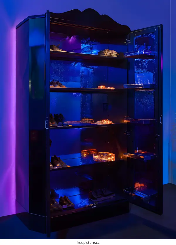 Black Cabinet With Shelves And Neon Lights