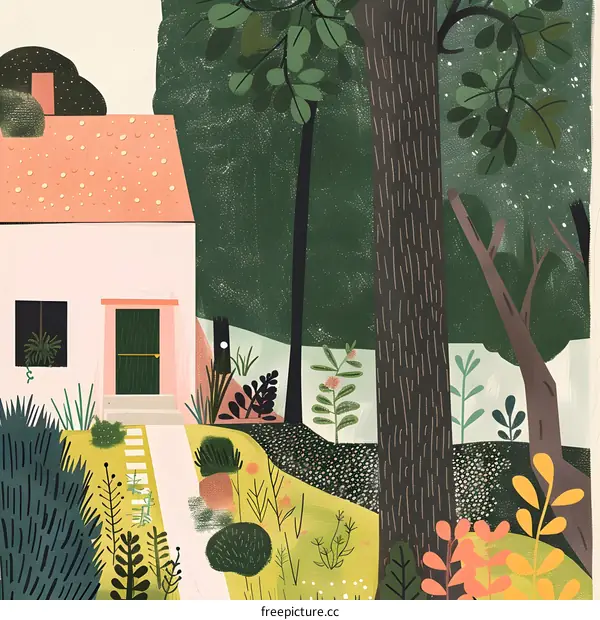 Pink House In The Green Woods Illustration