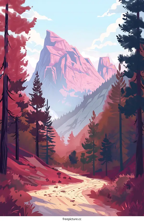 Mountain Landscape Illustration with Pink Mountains and Trees