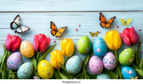 Easter Eggs and Tulips on a Light Blue Wooden Background