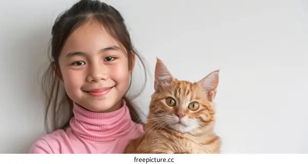 Asian girl hugging an orange cat