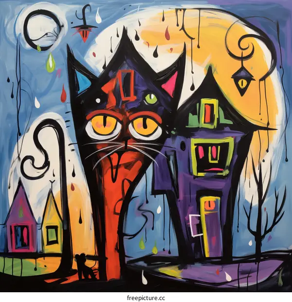 A Vivid and Whimsical Painting of a Cat and a House