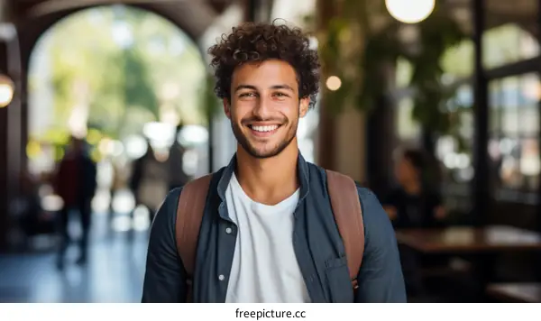 Portrait of a smiling young man with curly hair wearing a backpack