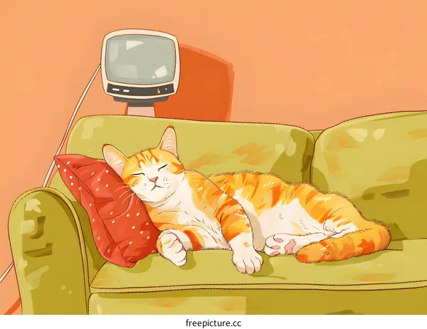 Orange Cat Sleeping on a Green Couch with a Retro TV