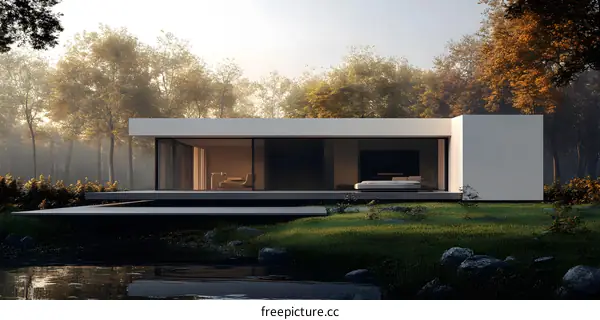 Modern Minimalist House with Large Windows Surrounded by Trees