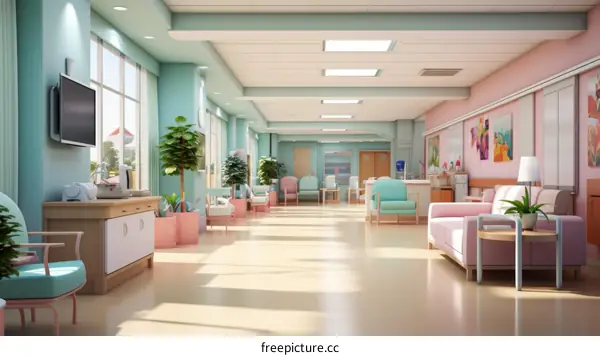 A brightly lit hospital hallway with pastel pink and blue walls and colorful paintings on the walls