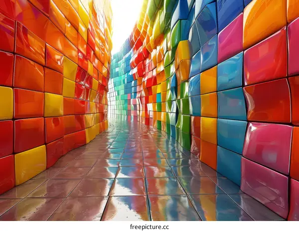 A long colorful tunnel made of glossy tiles.