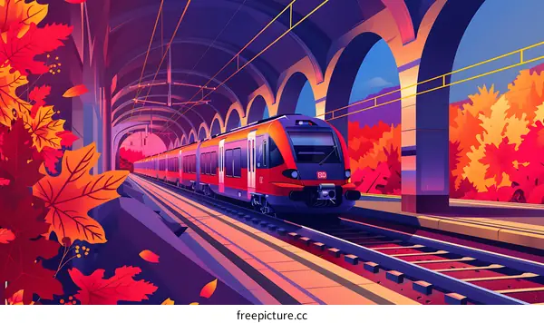 Train Station Autumn Landscape Illustration