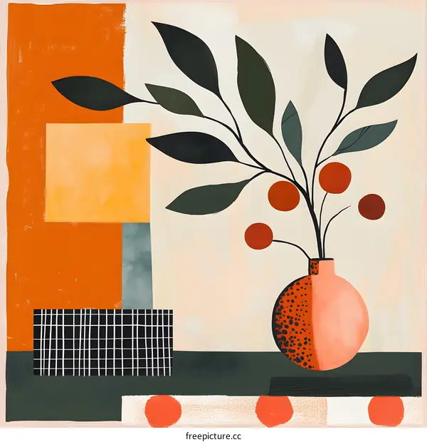 Abstract Art Minimalist Floral Illustration With Vase And Geometric Shapes