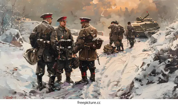 Soviet soldiers on the snowy road
