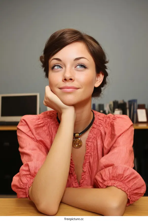 Thoughtful Caucasian Woman in a Coral Blouse