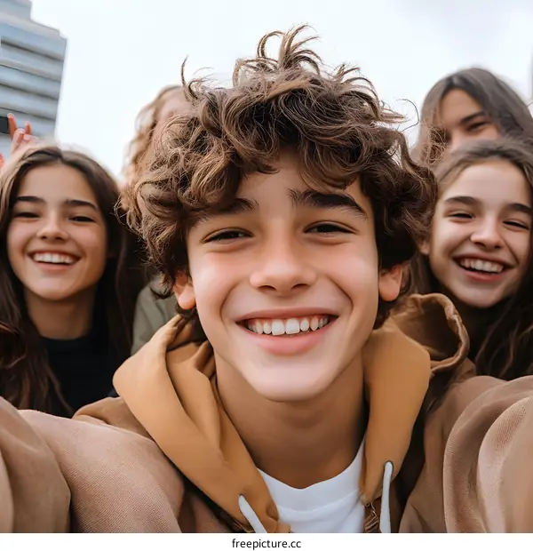 Group of Teenagers Smiling and Taking a Selfie