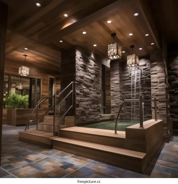Indoor hot tub with stone accent wall and wood ceiling