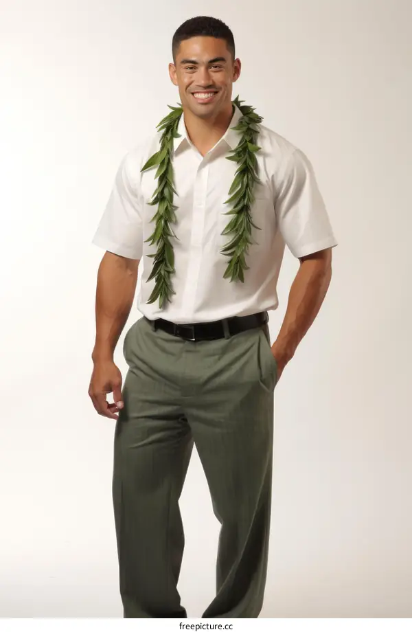 man in white shirt and green pants wearing hawaiian lei