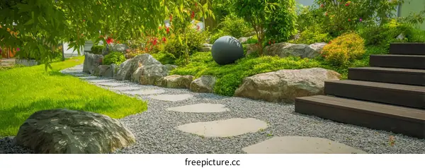 Peaceful Garden Pathway with Rocks and Steps