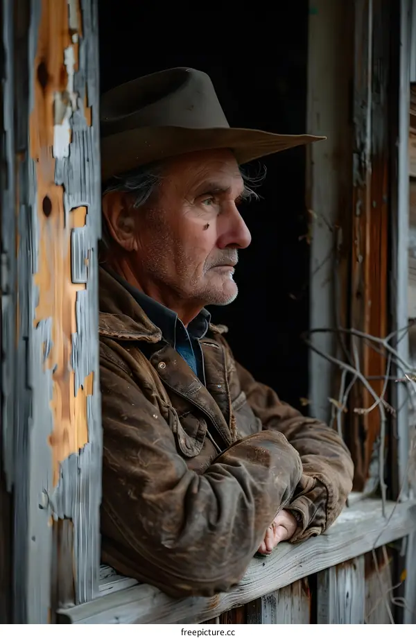 Portrait of a Man Looking Through a Window in a Rustic Building