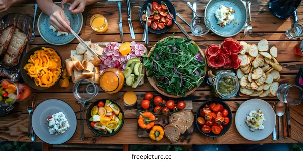 Top view of delicious and healthy food on wooden table
