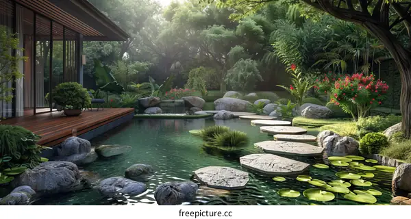 Tranquil Japanese Garden Scene Illustration